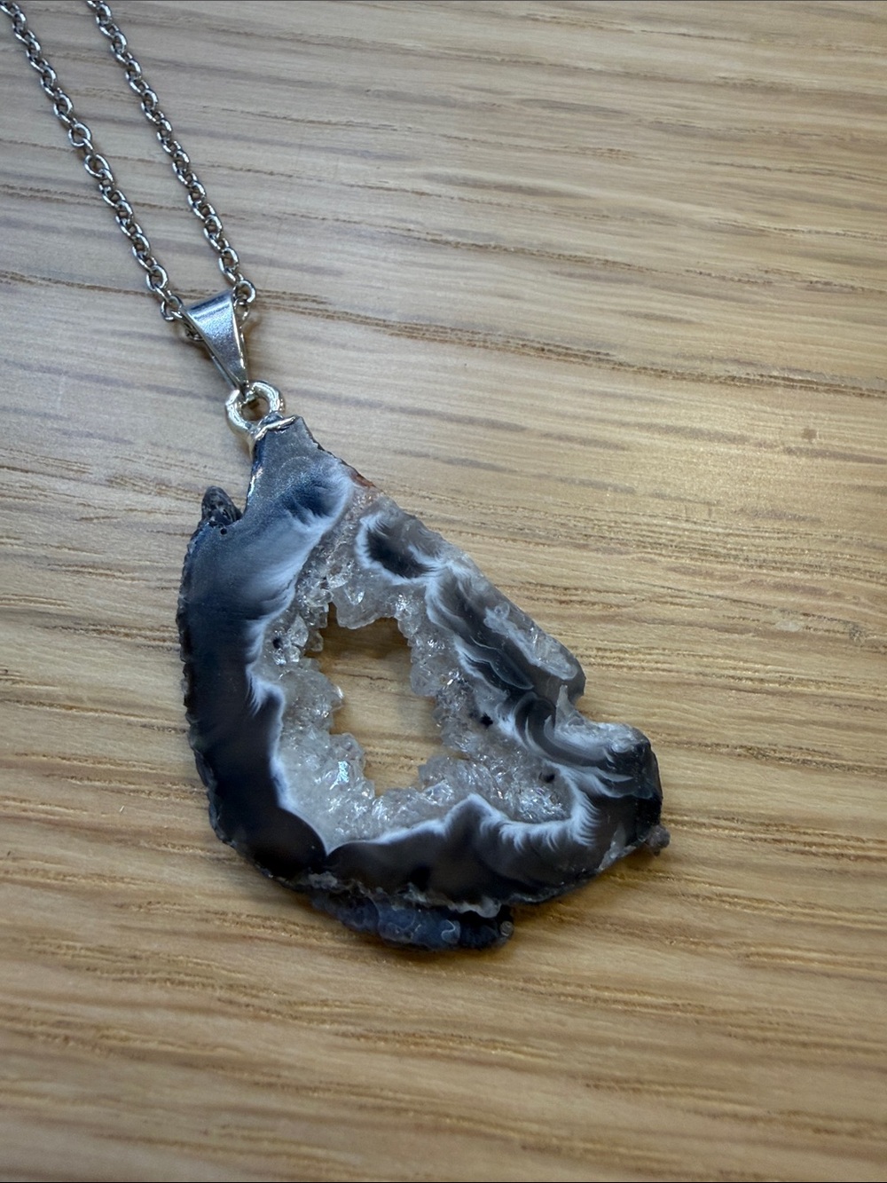 Natural Black Agate Geode Pendant Necklace